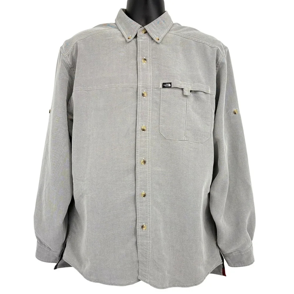 The North Face Men M Gray Button Up Fishing Hiking Shirt Vented Roll Tab Sleeve